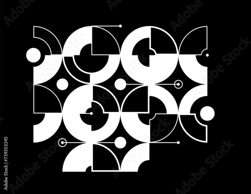 Abstract vector geometric background, tech engineering look like shapes and lines composition over dark, mechanical engine industry style, black and white.