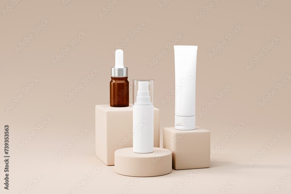 Blank cosmetic bottle mockup on podium beige background, 3d render Blank cosmetic bottle mockup on podium beige background, 3d render