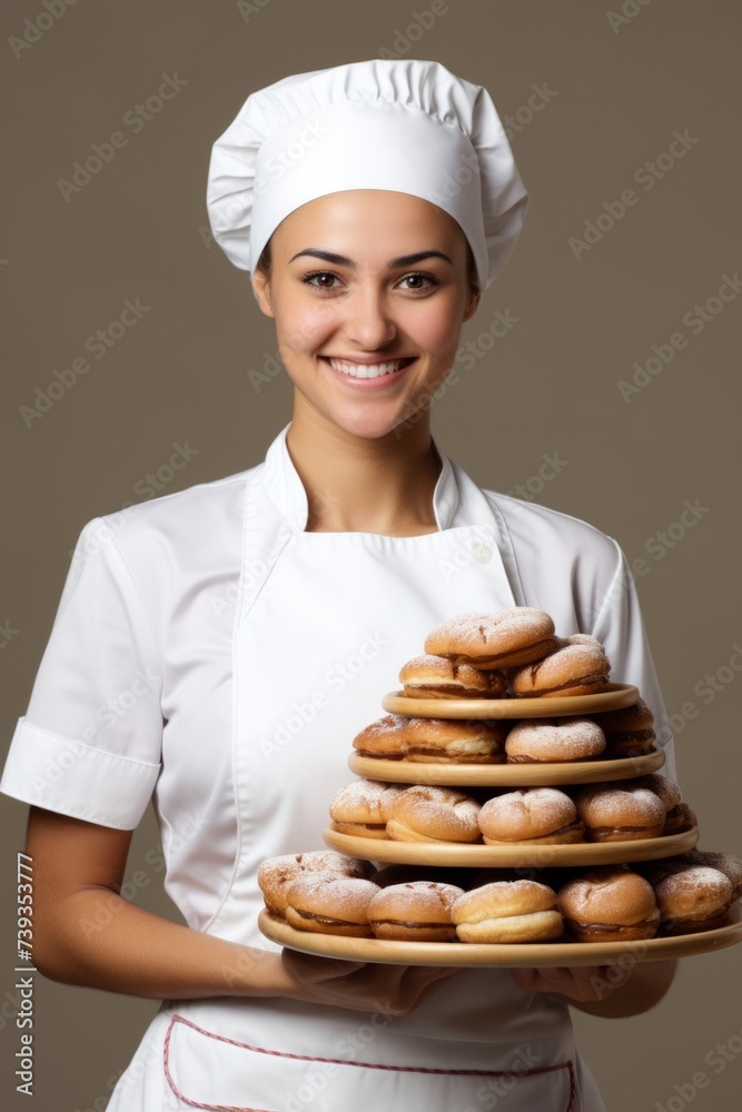 portrait of a female chef holding a plate full of doughnuts portrait of a female chef holding a plate full of doughnuts