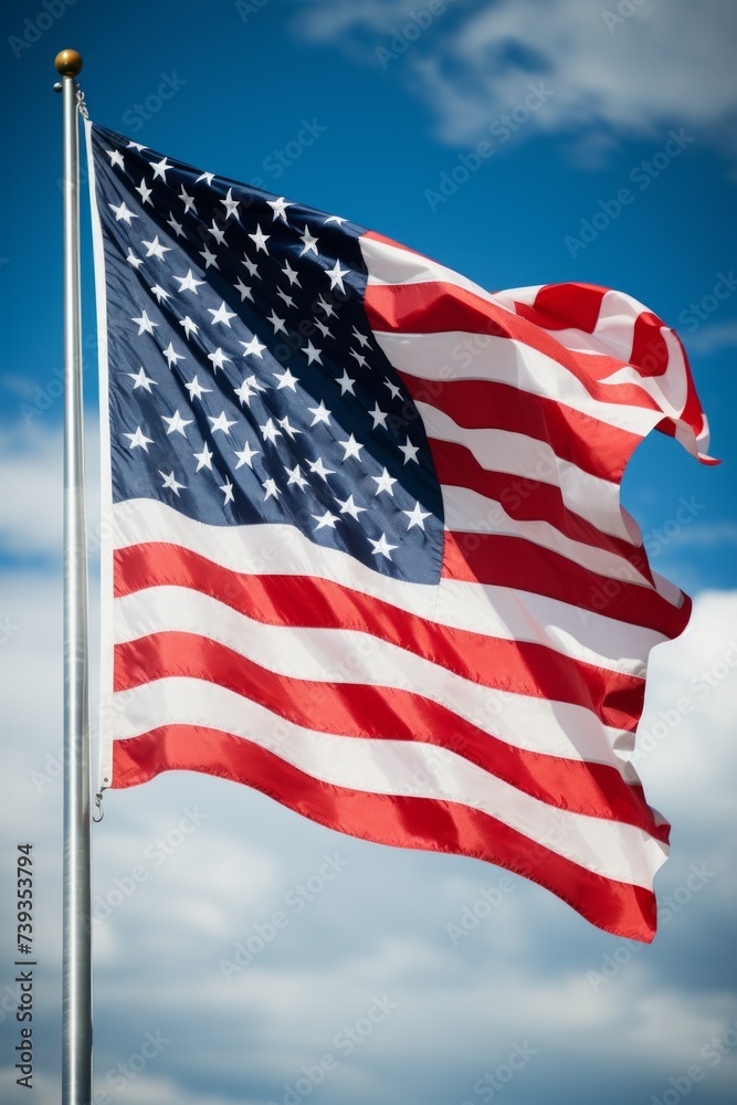 Close-up of American flag waving in the wind against a blue sky