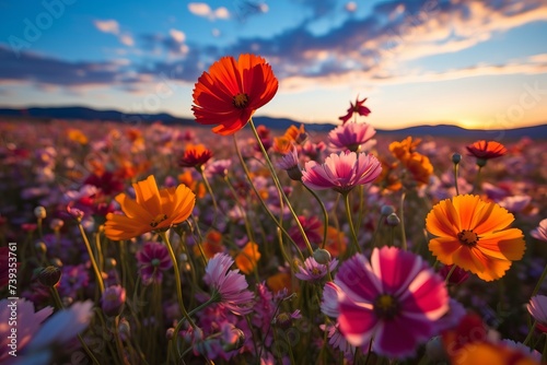 Field of flowers in a rural setting with a sunset in the background