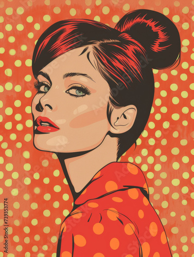 Beautiful art illustration of the portrait of a girl in American retro style of the 60s, typography art, poster