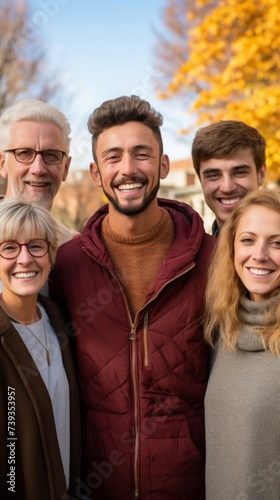 Happy multigenerational family posing together outdoors in the fall