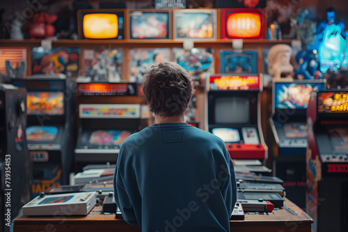Man Sitting in Front of Vintage Video Game Machine