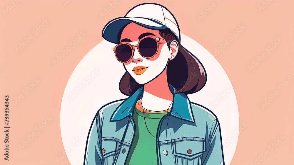 Cute young girl fashion illustration. Poster or banner, background or logo of a hipster girl or woman in glasses and cap. illustration.