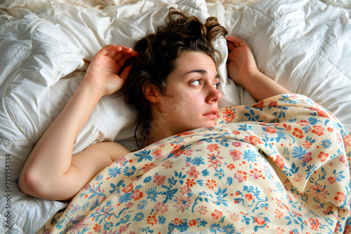 Night sweats in menopause. A young woman suffering from fever in bed  photo