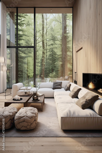 A modern living room with a Scandinavian touch, emphasizing clean lines, open spaces, and a connection to nature.