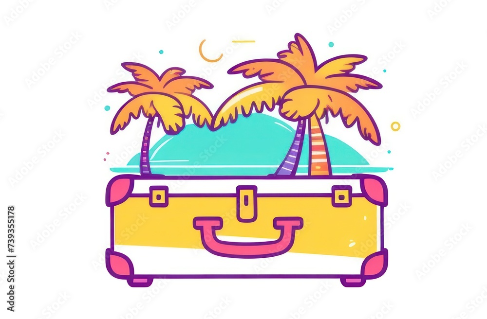 Image of multi-colored palm trees and suitcases on a white background
