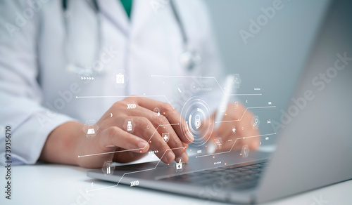 Medical cybersecurity.Security Health Care Concept. Medical Data Insurance and Safety. Medicine secure patient privacy history.lock icon on virtual screen. Access healthcare protection technology. photo