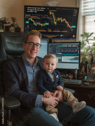 Future Trader in Training: Adorable Young Apprentice with His Mentor in a Home Office Stock Trading Environment
