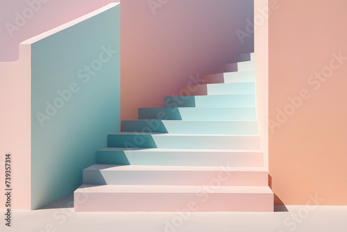 Simple stairs ascend gently against a soft pastel backdrop  minimalist design  no railing  each step casting a delicate shadow. Generative AI