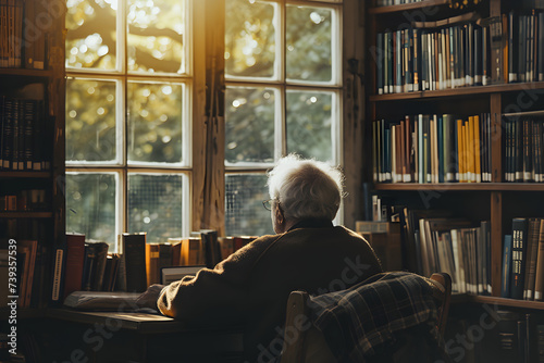 Elderly Man Reading at Table with Window View