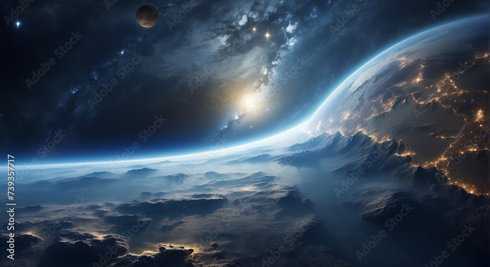 Earth's Surface from Space, Horizon and Weather Conditions Captured in Aerial Perspective. Panoramic view of planet Earth with copy space.