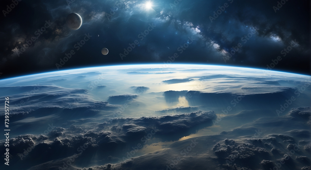 Earth's Surface from Space, Horizon and Weather Conditions Captured in Aerial Perspective. Panoramic view of planet Earth with copy space.