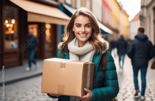 A cute young girl with a smile on her face stands with paper box in her hands