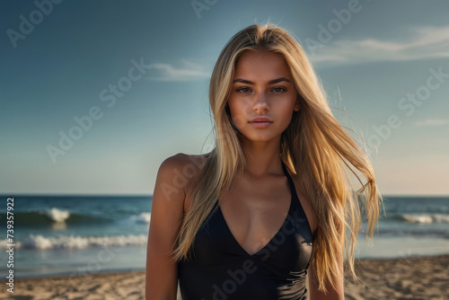 Obraz na płótnie happy young woman with blond hair in sunglasses walking along the seashore on a sunny day .concept of travel vacation and tourism. w salonie