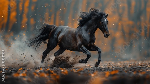 A black Friesian horse was running to the side. It has a long mane and tail. With shiny fur  the horse was running out of the forest and through a field of dirt. dust and floating stones