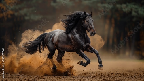 A black Friesian horse was running to the side. It has a long mane and tail. With shiny fur, the horse was running out of the forest and through a field of dirt. dust and floating stones