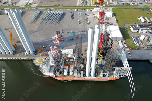 A transport ship for constructing an offshore windpark photo