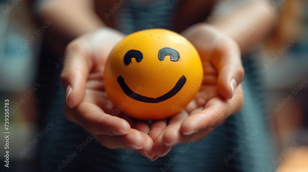 Mobile phone, yellow happy smiley face emoji, mental health, positive thinking and growth mindset. mental health care Restoration to happy emotions - obrazy, fototapety, plakaty 