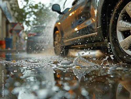 Water splashing around the wheel of a shiny car being washed on a wet urban street, reflecting city life. © Dojirich ai