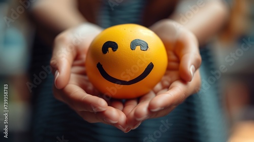 Mobile phone, yellow happy smiley face emoji, mental health, positive thinking and growth mindset. mental health care Restoration to happy emotions