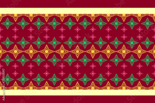 Red and green pattern with gold border. Natural flower pattern, vintage, traditional ethnic pattern. For printed fabrics, curtains, curtains and sarongs.