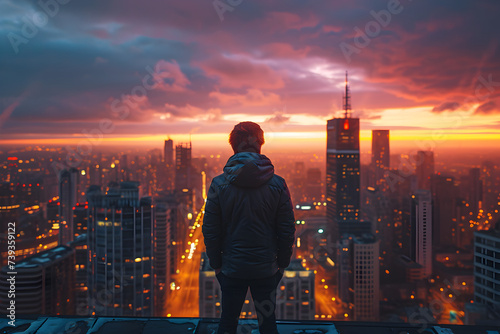 Man Silhouette Looking at Sunset Cityscape
