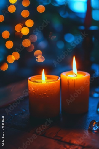 Cozy atmosphere captured in this image of two lit candles with a soft  warm glow against a blurred festive background.