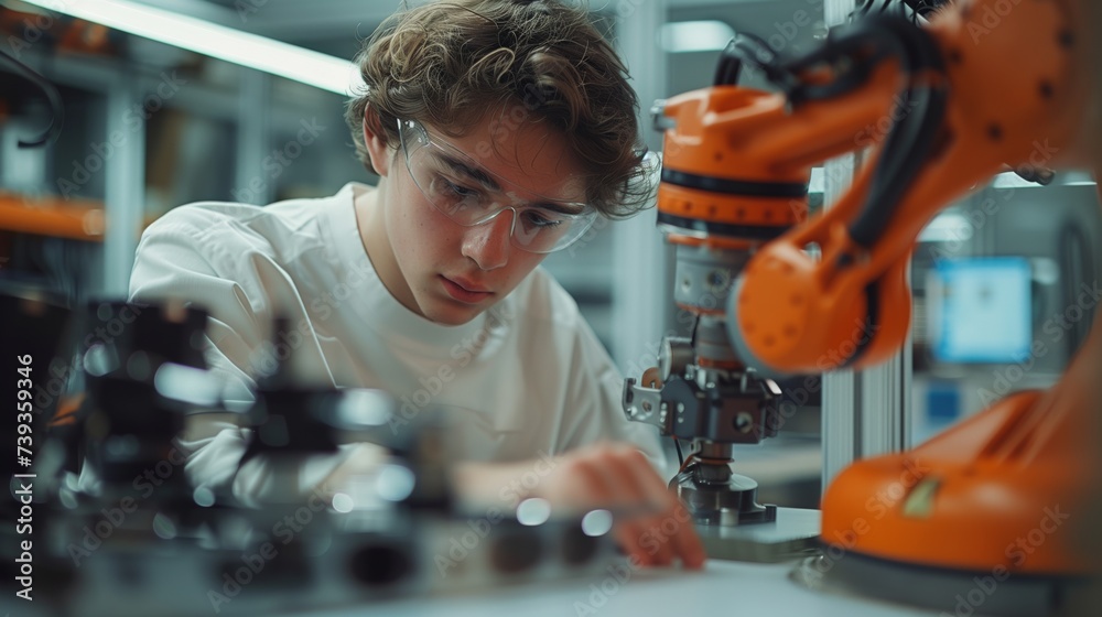 Focused mechanical engineer calibrates a robotic arm in a modern, high-tech research and development laboratory. Focused mechanical engineer calibrates a robotic arm in a modern, high-tech research and development laboratory.