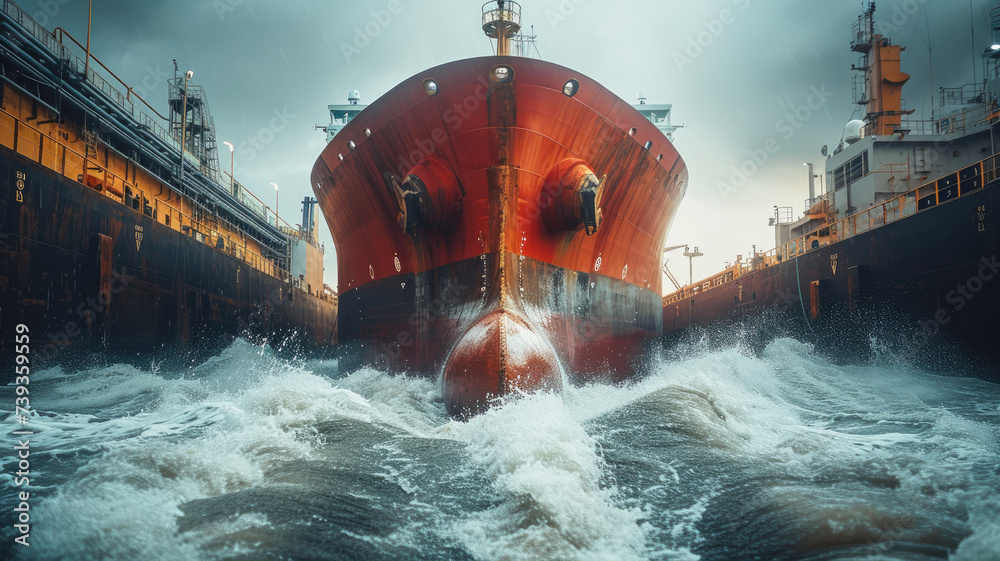 Great movement of water when a large vessel collided after launching. Shipbuilding and industry concept. Ai generated - obrazy, fototapety, plakaty 
