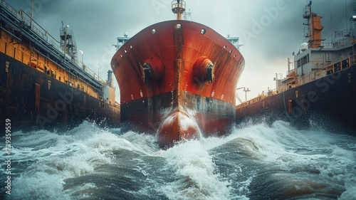 Great movement of water when a large vessel collided after launching. Shipbuilding and industry concept. Ai generated photo