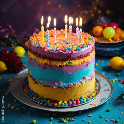 Delicious Birthday cake with candles ,The cake is decorated with colorful icing