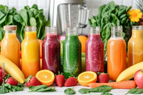 A variety of fresh fruit and vegetable juices in glass bottles