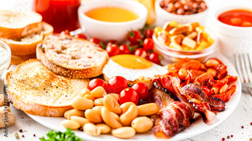 Hearty English Breakfast Spread on a Table With Eggs, Bacon, and Beans