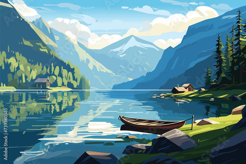 Panorama fjord landscape in Norway. Vector color illustration
