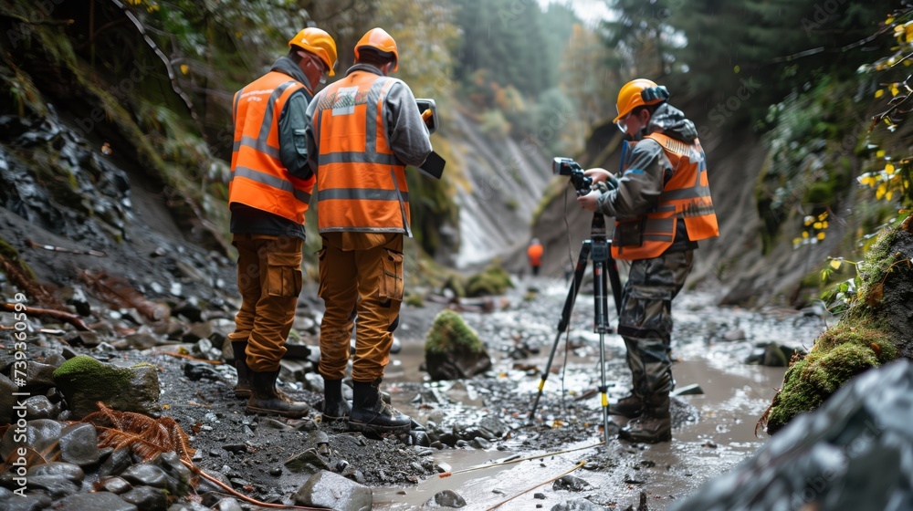 Geological engineers in reflective vests conducting fieldwork at a landslide site, mapping the affected area. - obrazy, fototapety, plakaty 
