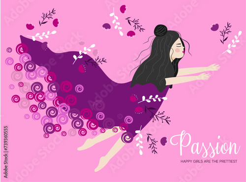 the vector with the asian beautiful isolated girl with dark hair with flowers