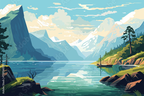 Panorama fjord landscape in Norway. Vector color illustration © baobabay