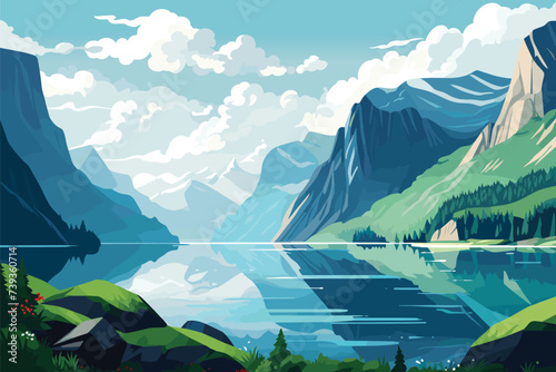 Panorama fjord landscape in Norway. Vector color illustration photo