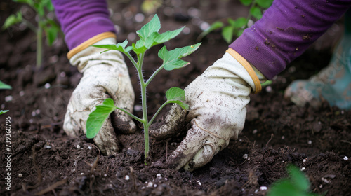 Person Planting Tomato Seedling in Soil with Gardening Gloves