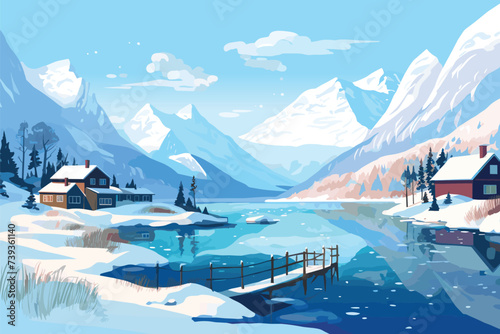 Panorama fjord landscape in Norway. Vector color illustration