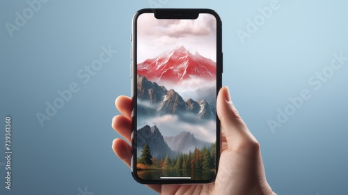 Hand holding smartphone with mountain village landscape on screen, blurred grey background, connectivity concept, nature screen, display technology, travel photography
