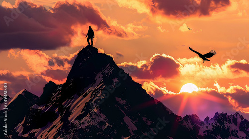 A hiker stands atop a rugged mountain, silhouetted against a dramatic sunset sky with flying birds.
