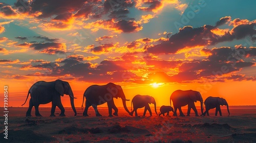 Silhouetted elephants trave...