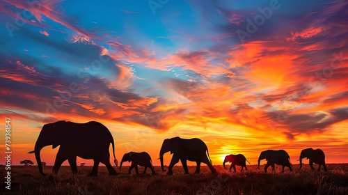 A herd of elephants is silhouetted against the vibrant and colorful sky of an African sunset, showcasing the splendor of the savannah.
