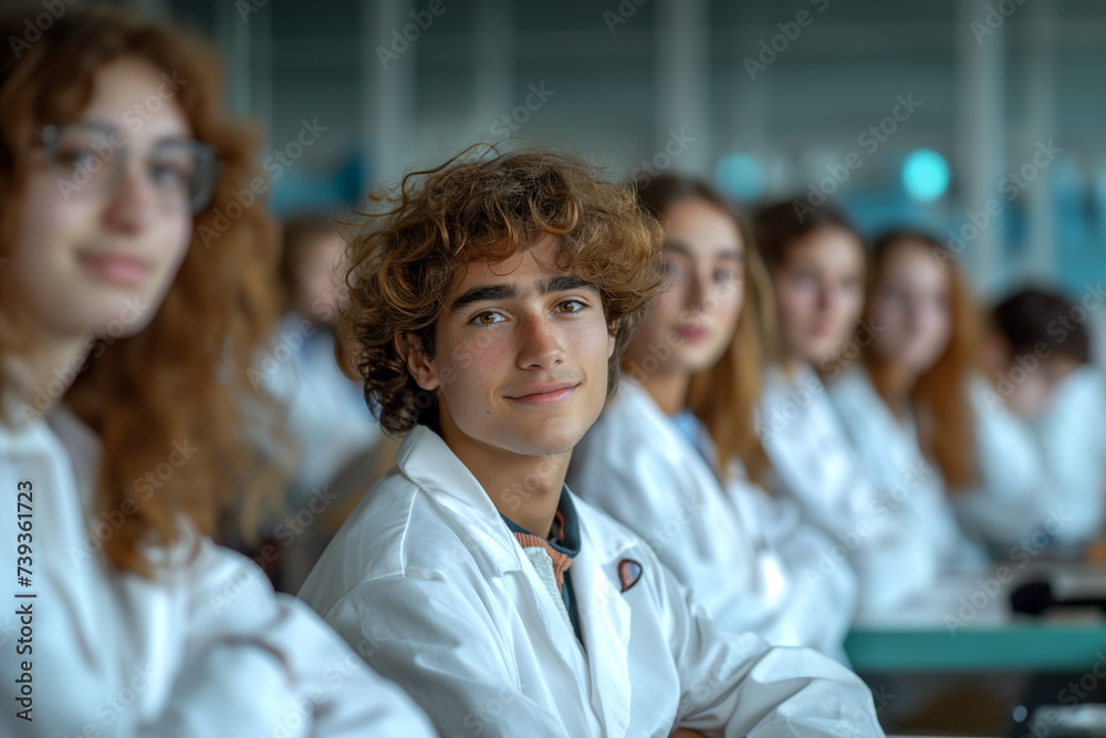 Portrait of a young researcher in a white coat at a science lesson. Portrait of a young researcher in a white coat at a science lesson.
