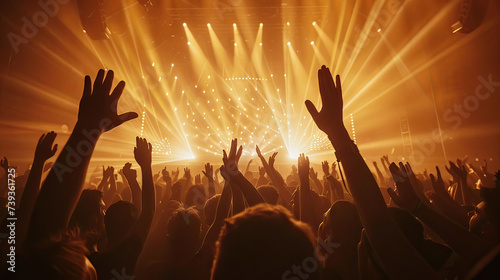 A sea of hands reaches up towards the radiant beams of stage lights, capturing the exuberant energy of a concert audience in full cheer.