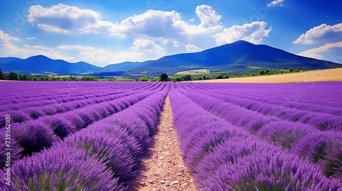 scenic view of lavender fields under a blue sky