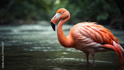 Close up photo of a beautiful feathered flamingo looking for food in high resolution